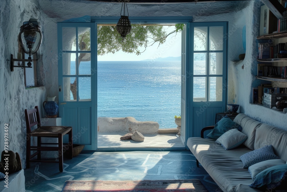 Fototapeta premium A living room facing the ocean in Greek island