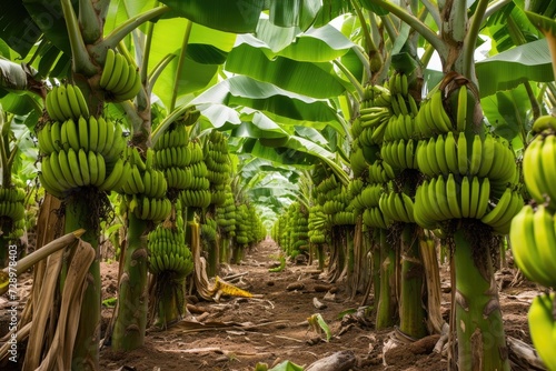 Banana tree plantation in nature with daylight. Industrial scale banana cultivation for worldwide export. photo