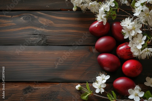 Easter dark red eggs and spring white flowers on dark wooden table.