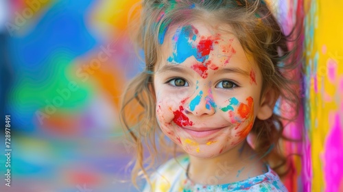 Beautiful young child covered in colorful paint, kid fun activity concept.