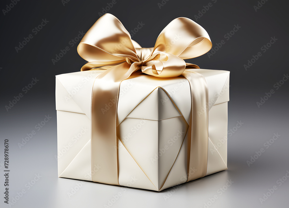 Obraz premium Angle cream color gift box with cream color satin bow ribbon on grey background. Realistic clipart template pattern. Festive holiday Christmas, happy new years, birthday. Festival very special time. 