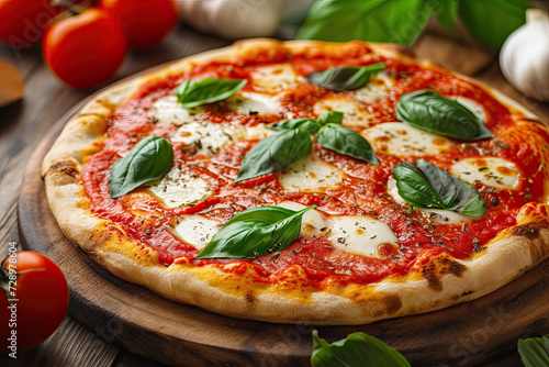 A classic Margherita pizza, freshly baked with vibrant tomato sauce, melting mozzarella, and fresh basil leaves on a thin, crispy crust. 