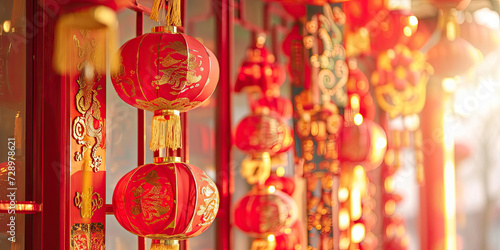  red and gold Chinese New Year decorations. Red lanterns with golden tassels hang from the ceiling.