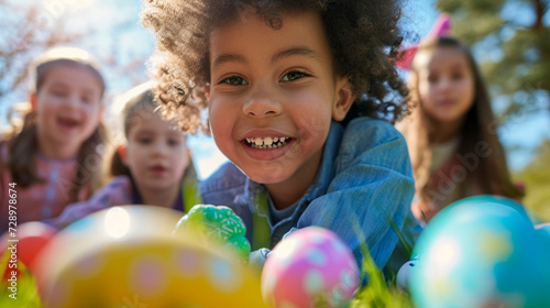 Multiracial children playing together at garden with colorful Easter Eggs