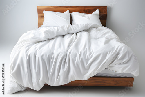 Wooden brown bed comfortable modern white with pillow and blanket on top on white background. Use interior decoration for modern bedroom. Realistic clipart template pattern.