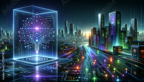 Futuristic support vector machine model analyzing data in a vibrant digital cityscape.