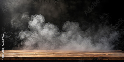 empty wooden table with smoke on the dark background. Perfect for adding eerie atmosphere to Halloween, horror, or mysterythemed projects.