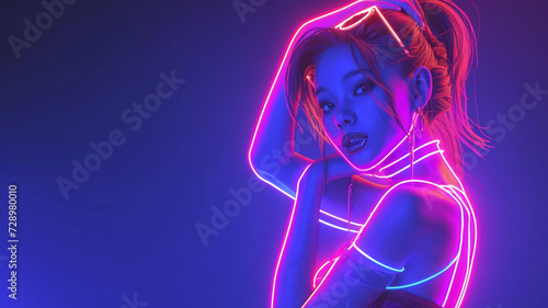Banner with neon portrait of young woman  vibrant cyberpunk style  perfect for music posters  gaming ads  and tech fashion.