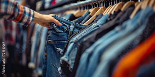 Woman shopping denim pants in clothing store