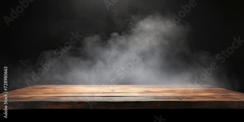 empty wooden table with smoke on the dark background. Perfect for adding eerie atmosphere to Halloween  horror  or mysterythemed projects.