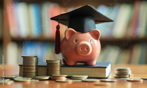 piggy bank wearing graduation cap, coin and book on a table. graduation suit hat. students loan issue.