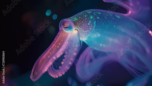 A hologram of a giant squid depicting its mive size and intricate tentacles as it glides through the dark depths of the ocean. photo