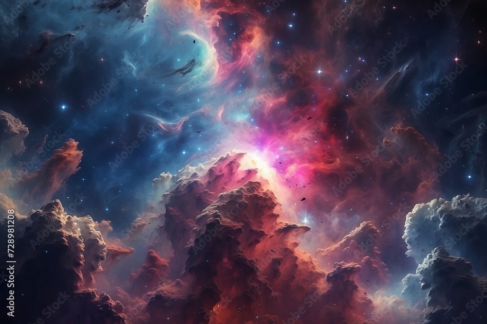 Abstract cosmic background featuring a blue-purple nebula and stars.