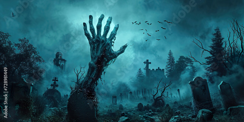 Zombie hands are rising from grave in spooky night
