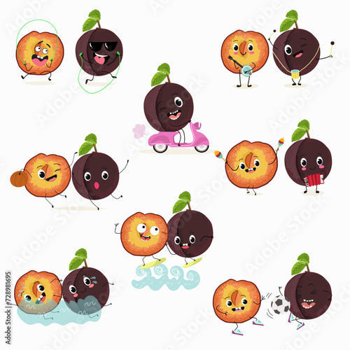 Cute cartoon cherry plum character set, collection. Flat vector illustration. Activities, playing musical instruments, sports, funny fruits.
