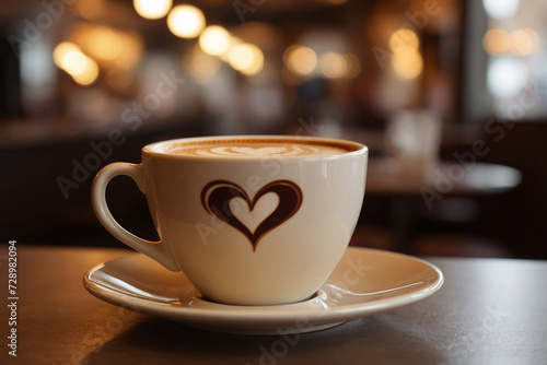 Coffee cup the shape of a heart in a cup of hot drink in a restaurant on a blurry background