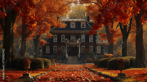 A colonial-style house with a symmetrical facade, framed by mature trees with autumn leaves in shades of red and gold.