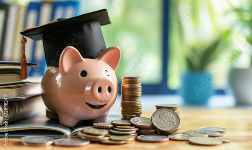 piggy bank wearing graduation cap, coin and book on a table. graduation suit hat. students loan issue. photo