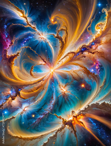 Cosmic Collision - Mesmerizing abstract impressionism of celestial bodies and swirling vibrant colors Gen AI photo