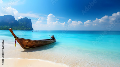 Beach, toy beach, deskchair, dune, blue lagoon, coco tree, wooden boat, waves, sea, background for computer © Pattanan