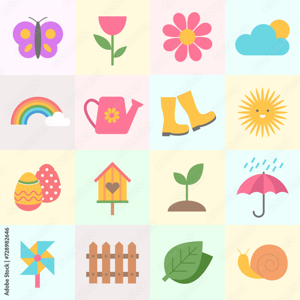 Spring season flat flower, leaf, cloud with square pattern background. Vector Illustration Graphic Design Set