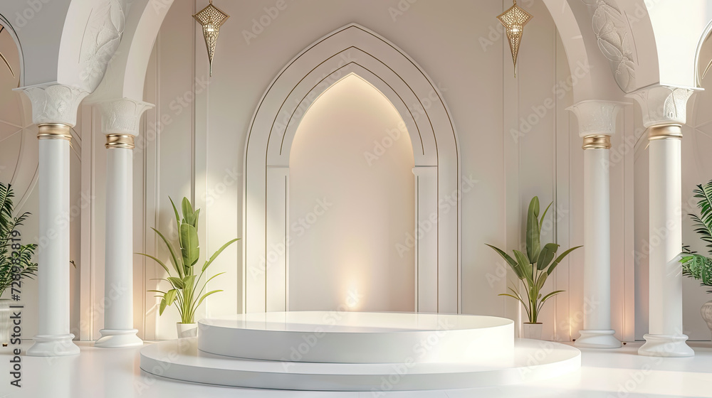 empty white round stage podium for Ramadan Kareem background  with a gold arch Islamic pattern ,crescent moon, golden lanterns and floor suitable for luxury event venues, elegant premium product