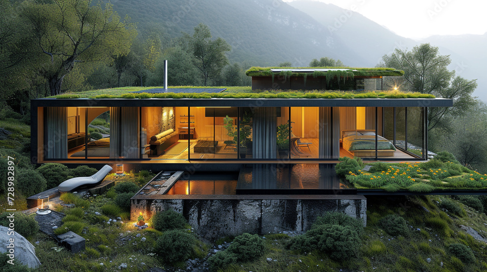 View of An eco-friendly house with a green roof, solar panels, and a rainwater ...