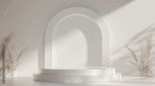empty white round stage podium for Ramadan Kareem background  with a gold arch Islamic pattern ,crescent moon, golden lanterns and floor suitable for luxury event venues, elegant premium product