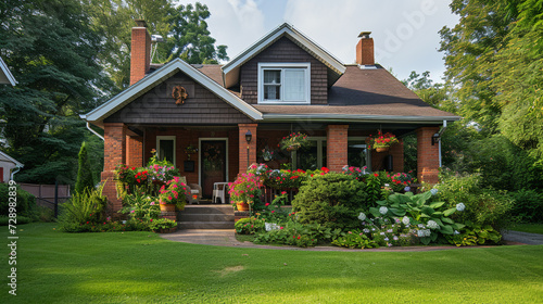 A traditional suburban home with a neatly manicured lawn, featuring a cozy front porch adorned with hanging flower baskets.