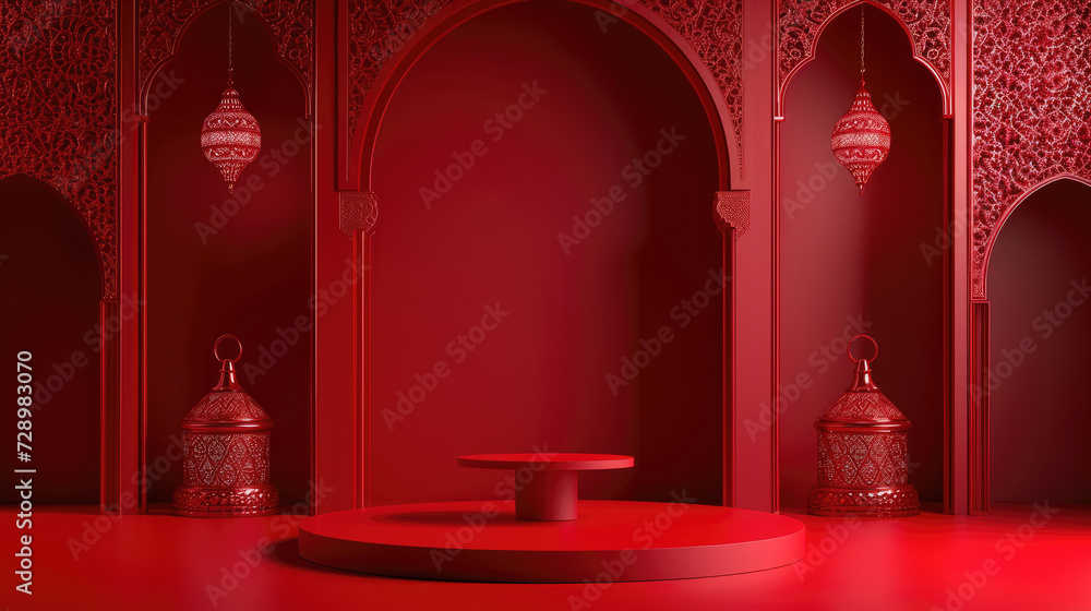 empty red round stage podium for Ramadan Kareem background  with a gold arch Islamic pattern ,crescent moon, golden lanterns and floor suitable for luxury event venues, elegant premium product