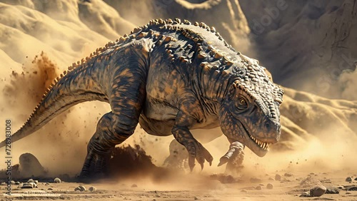 A giant sauropelta crouching in a shallow depression kicking up dust with its powerful back legs and using its armored body to thoroughly coat itself in the gritty particles. photo