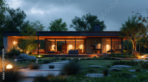 A twilight shot of a modular house with carefully placed exterior lighting, creating a warm and welcoming atmosphere.