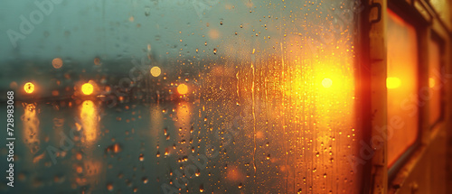 a view of a city street through a rain covered window