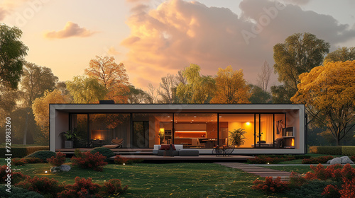 A dynamic view of a modular house at sunset, with the sky ablaze with warm colors, creating a picturesque backdrop.