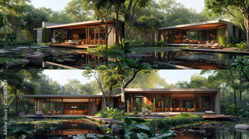 A panoramic shot capturing the entire facade of a modular house surrounded by greenery, emphasizing its integration with nature.