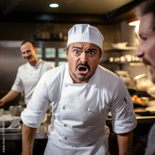 An astonished chef in white attire with a mustache is looking surprised in a busy kitchen with another chef in the background
