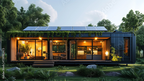 A side view of a modular house with integrated solar panels, emphasizing sustainable and energy-efficient features. © IBRAHEEM'S AI