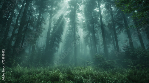 A dense  fog-covered forest with towering redwoods  creating an atmospheric and mysterious woodland scene.