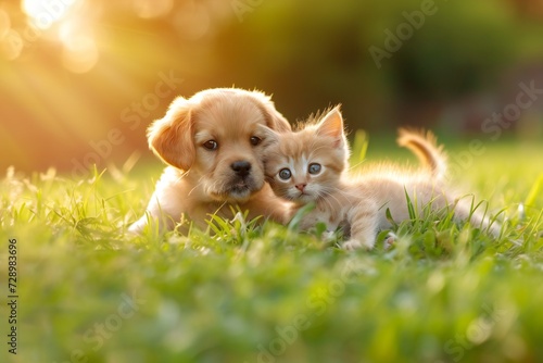 Cute puppy and kitten are playing together on green grass on sunset, banner