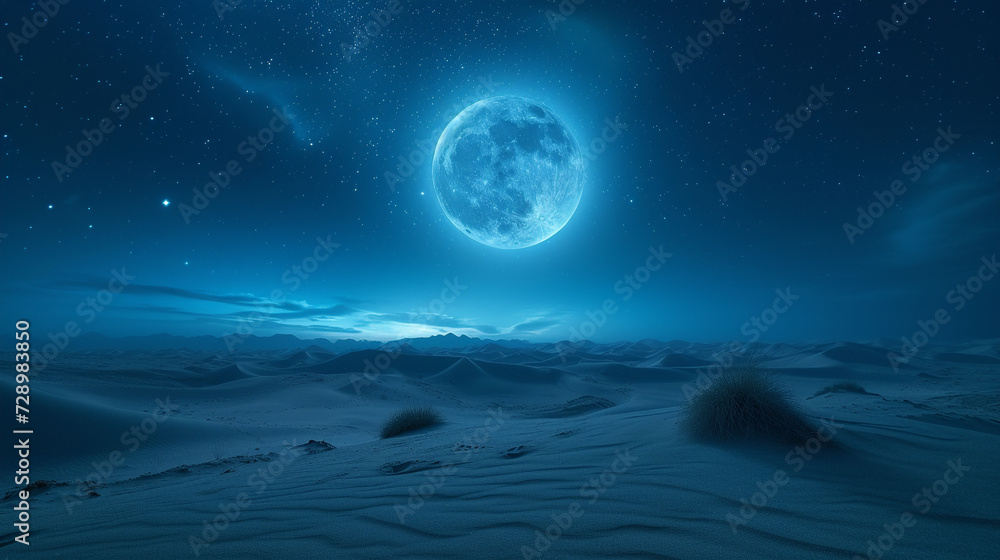 A moonlit desert landscape, with sand dunes stretching to the horizon under a star-studded night sky.