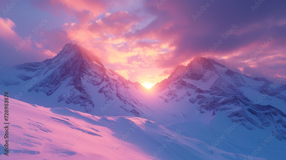 A breathtaking panorama of a snow-covered mountain range, bathed in the soft hues of a winter sunrise.