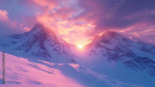 A breathtaking panorama of a snow-covered mountain range, bathed in the soft hues of a winter sunrise. © IBRAHEEM'S AI