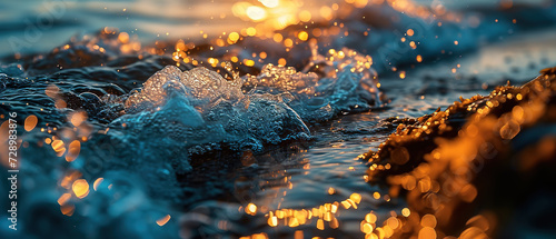 a image of a wave breaking on the beach at sunset
