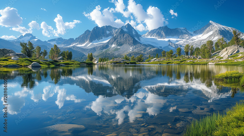 A serene alpine lake surrounded by snow-capped peaks, reflecting the pristine wilderness in its calm waters.