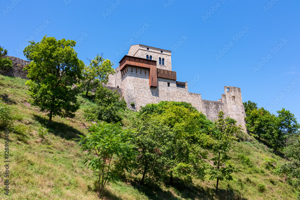 Scenic view of Castle of Ragogna (Ruvigne) in Valeriano (Pinzano al Tagliamento), Friuli Venezia Giulia, Italy. Hill that overlooks river Tagliamento. Landmark on hill with blue sky background