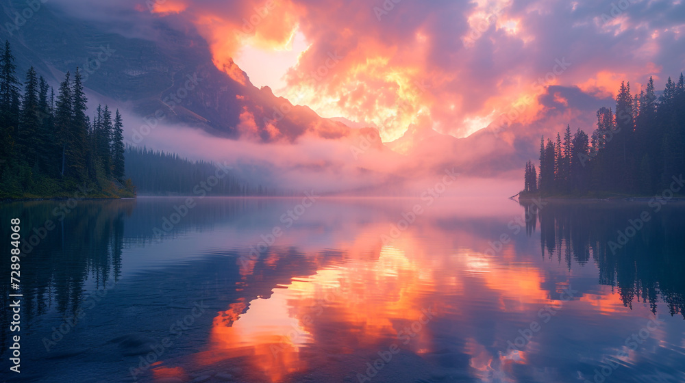 A serene sunrise over a mist-covered mountain lake, reflecting vibrant hues of pink and orange in the crystal-clear water.