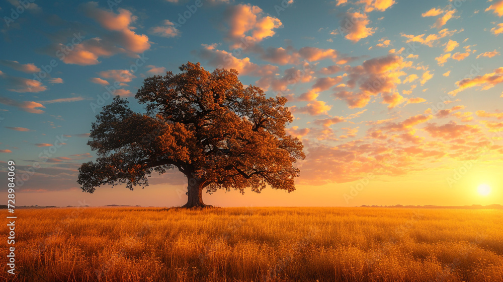 A solitary oak tree standing proudly in a golden meadow, its branches reaching toward a cloud-kissed sky at sunset. - obrazy, fototapety, plakaty 