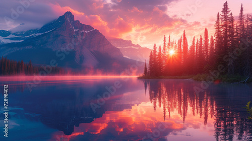 A serene sunrise over a mist-covered mountain lake, reflecting vibrant hues of pink and orange in the crystal-clear water.