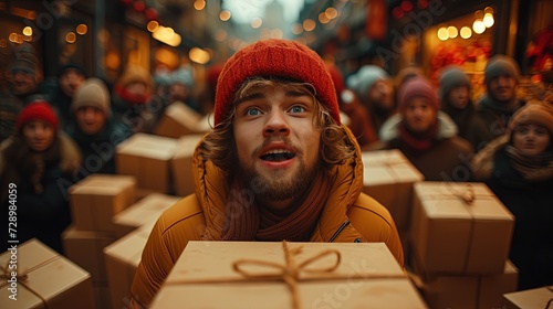 A young man holds a gift box in his hands. PResent to Valentine's Day, International Women's Day and Birthday. Seasonal sales and discounts. Crowd of people with gifts on background