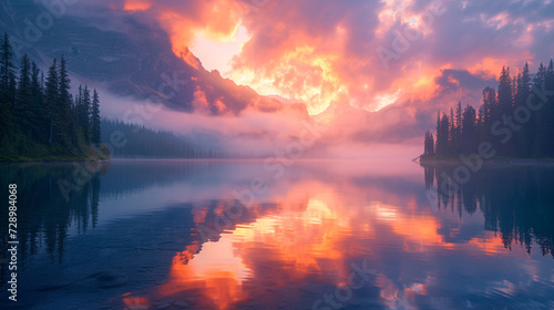 A serene sunrise over a mist-covered mountain lake, reflecting vibrant hues of pink and orange in the crystal-clear water.